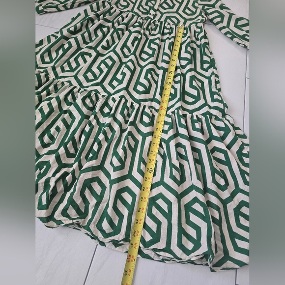 Zara Ecru White Green Geo Geometric Print Karen Tiered Midi Size S - Picture 12 of 16